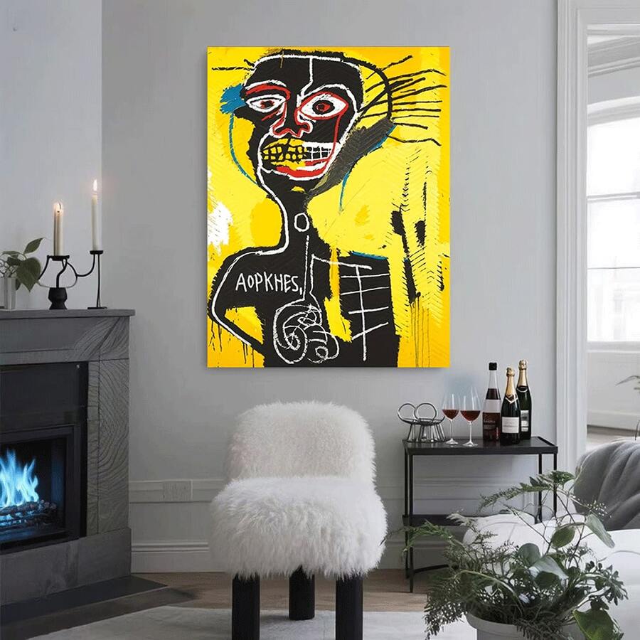 Framed 1pc Jean-Michel Basquiat Inspired Canvas Poster - Black, Yellow, Graffiti Street Art - Ready-To-Hang Framed Modern Painting For Living Room, Bedroom, Office - Wrapped Canvas Wall Decor - Ideal For Contemporary Art Collectors & Modern Interiors, Bedroom Artwork, Expressive Portrait, Hook Hanging System, Home Decoration, Durable Frame, Interior Designers,  Flat - Framed(框架) - 查看 1