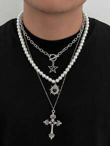 4pcs Punk Minimalist Cross Necklaces, Men's Vintage Faux Pearl Layered Y-Necklace, Suitable For Daily Wear And Parties - 4-piece Set - View 13