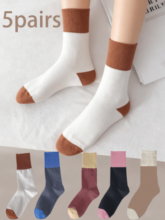 5 Pairs Fashionable Versatile Casual Comfortable Color Block Retro Streetwear Mid-Calf Socks For Women, Suitable For Home, Outdoor, Daily Wear, All Seasons