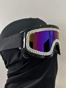 1pc Multi-Color Rhinestone Diamond Decor Multifunctional Protective Goggles, Unique Design Concept And Independent Designer Style, EU Appearance Patent Protection 0150688630006 - Ski Goggles With Double Row Of Diamonds - Black Frame and Black Belt/color Film/diamond Sticker - View 7