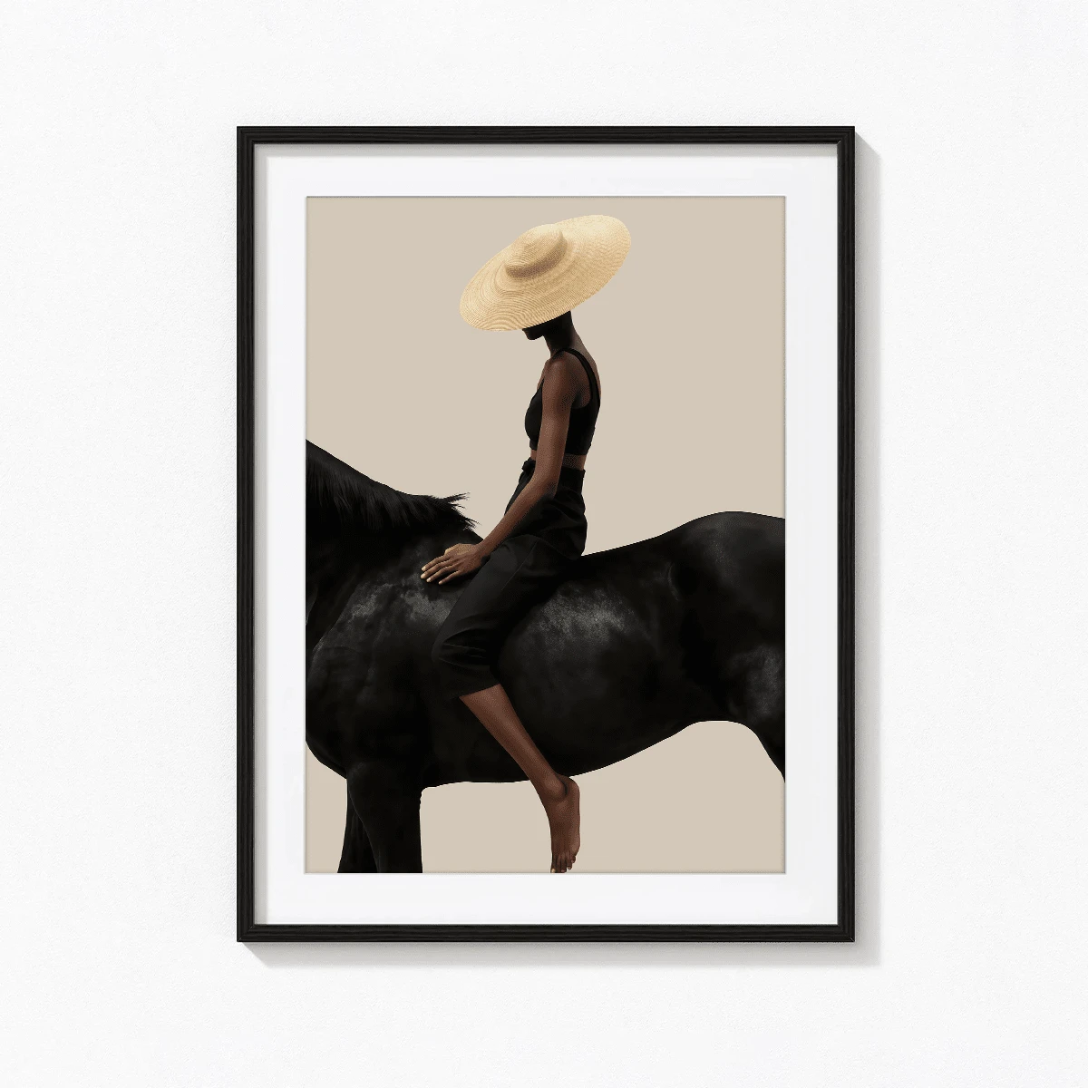 1 pieza Póster de arte moderno de pared, Impresión de arte abstracto moderno en lienzo, Póster de mujer montando, Mujer con gorro de punto montando un caballo negro, Arte elegante, Enmarcado o sin enmarcar, Decoración de habitación, Decoración del hogar, Decoración de dormitorio universitario, Regalos para decoración de paredes en hotel, hogar, regalo ideal de inauguración de la casa, sala de estar, dormitorio, baño y oficina