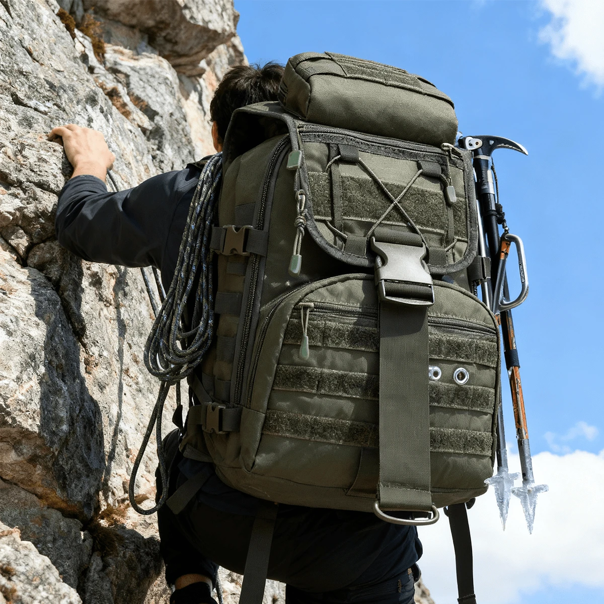 Mochila deportiva táctica: mochila para ordenador portátil de uso diario, unisex, con múltiples compartimentos, fabricada en poliéster resistente, ideal para senderismo, pesca, gimnasio, con detalles a rayas, mochila para fitness | Mochila de moda | Correas seguras, mochila de senderismo. Adecuada para viajeros, campistas, amantes de la naturaleza y aficionados al fitness. - Verde militar - Ver 1