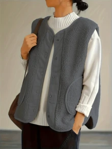 Plus Size Women's Front Button Pocket Ribbed Elegant Casual Vest Jacket, Suitable For Casual, Daily Commute - Grey - View 1