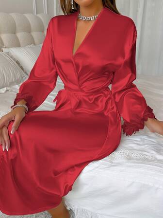 1pc Women's Elegant Sleepwear, Romantic Robe For Valentine's Day, Lace Trim V-Neck Loose Fit Ladies Long Robe, Comfortable Fabric, Suitable For Home Wear, All Season