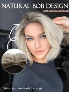 Short Ombre Blonde Bob Wigs With Bangs Straight Hair Shot Wigs Heat Resistant Fiber Synthetic Wigs Layered Cut Wigs 10 Inch Soft Synthetic Wigs For Women Girls Ladies Daily Use - Multicolor - View 3