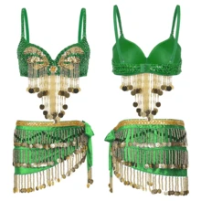 两件套肚皮舞服装，女士塑料珠饰流苏亮片胸衣上装和天鹅绒臀巾舞蹈服 - 彩色 - 查看 17