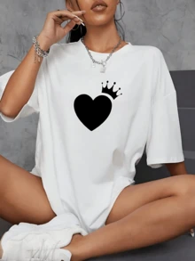 Playera de mujer de algodón puro con estampado de corazón y corona, diseño casual moderno, cuello redondo suelto, estilo cómodo y ligero para uso diario y verano - Blanco - Ver 1