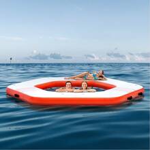 Inflatable Floating Dock, ø8.5FT Inflatable Dock Platform With ø5FT Trampoline Mesh Pool, Non-Slip Floating Platform Water Mat With Portable Bag & Detachable Ladder For Pool Beach Relaxation - 白色+桔色 - 查看 9