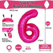 1套32英寸红色数字气球套装，包含黑色心形0-9数字铝箔气球，适合生日派对和周年纪念装饰 - 玫紅色 - 查看 6