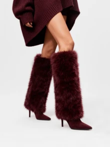 Women's Fuzzy Knee High Christmas Boots Sexy Fashion Faux Fur Side Zipper Boots Pointed Toe Stiletto Heel Casual Versatile Boots Winter Outfit For Women New Year Party Fashionable For Halloween Date Night - 酒紅色絨面 - 查看 4