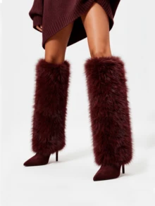 Women's Fuzzy Knee High Christmas Boots Sexy Fashion Faux Fur Side Zipper Boots Pointed Toe Stiletto Heel Casual Versatile Boots Winter Outfit For Women New Year Party Fashionable For Halloween Date Night - 酒紅色絨面 - 查看 1