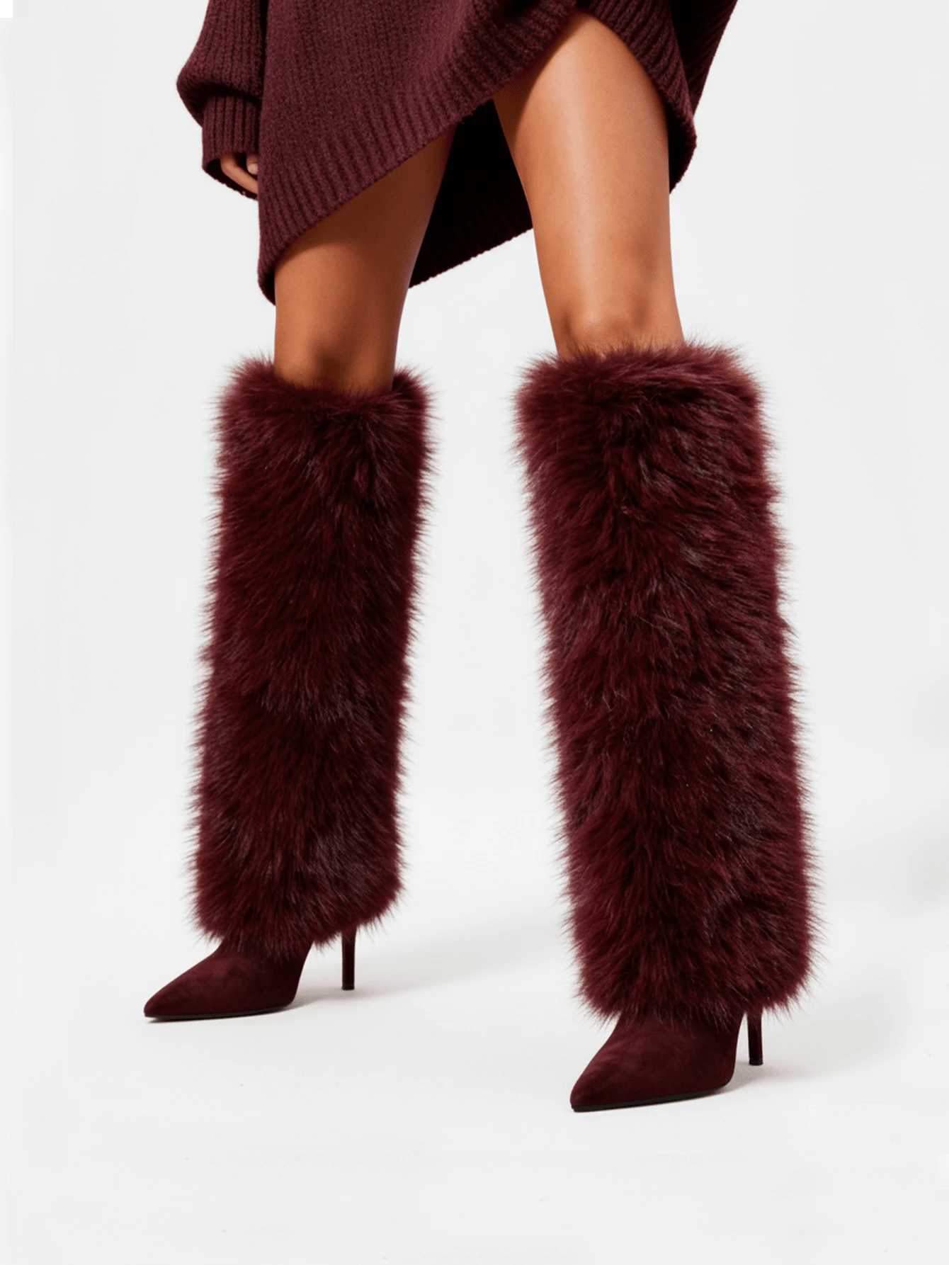 Women's Fuzzy Knee High Christmas Boots Sexy Fashion Faux Fur Side Zipper Boots Pointed Toe Stiletto Heel Casual Versatile Boots Winter Outfit For Women New Year Party Fashionable For Halloween Date Night - 酒紅色絨面 - 查看 1