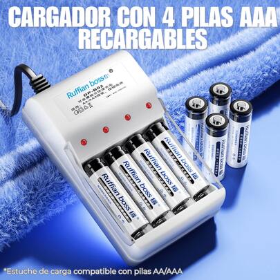 Cargador de batería con 4 pilas AAA recargables, luz indicadora LED, protección inteligente, perfecto para controles remotos y juguetes.