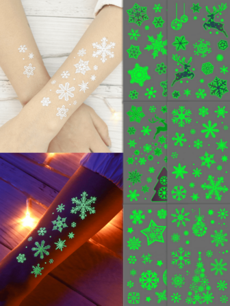 6 Piezas de Tatuajes Temporales Fosforescentes con Diseños de Copos de Nieve, Renos y Árboles de Navidad - Tatuajes Falsos Impermeables, Perfectos como Decoración Navideña y Regalo para Familia y Amigos, Decoración Corporal para Fiestas, Festivales de Música y Días Festivos