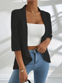 Sleeve Turn-Down Collar Ruffle Hem Tightened Waist Jacket Autumn Clothing - / U00e9 Women |      TiktokPriv Private Autumn Winter Basic Simple Ribbed Mid-Length 992 - Black - View 2