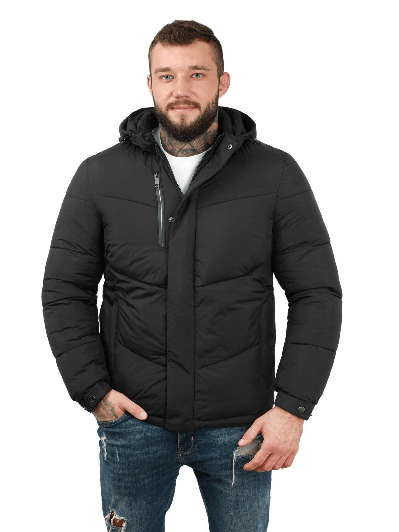 帶帽男士冬季夾克、男士絎縫夾克、帶拉鍊和按扣的保暖男士冬季夾克、時尚男士冬季夾克、適合日常使用的男士休閒夾克、保暖冬季夾克 - 黑色 - 查看 1