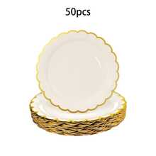 10个/20个/50个装象牙色纸盘，金色箔纸装饰，7英寸/9英寸一次性象牙色扇形纸盘，奶油蛋糕盘，适用于婚礼、婴儿派对、生日、甜点等场合。 - 白色 - 查看 9
