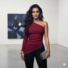 Women's Long Sleeve Asymmetrical One Shoulder Ribbed Premium Spring Blouse - 酒紅色 - 查看 5