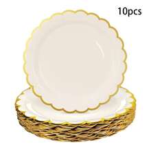 10个/20个/50个装象牙色纸盘，金色箔纸装饰，7英寸/9英寸一次性象牙色扇形纸盘，奶油蛋糕盘，适用于婚礼、婴儿派对、生日、甜点等场合。 - 白色 - 查看 11