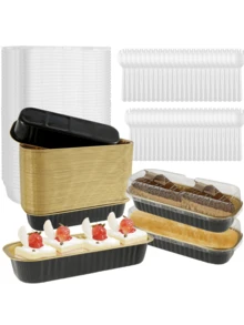 50件套铝箔迷你吐司模具套装（包含50个模具、50个盖子和50个叉子），长方形烘焙杯，玛芬模具，一次性烘焙托盘，迷你烘焙架 - 金色/红色/黑色 - 彩色 - 查看 9