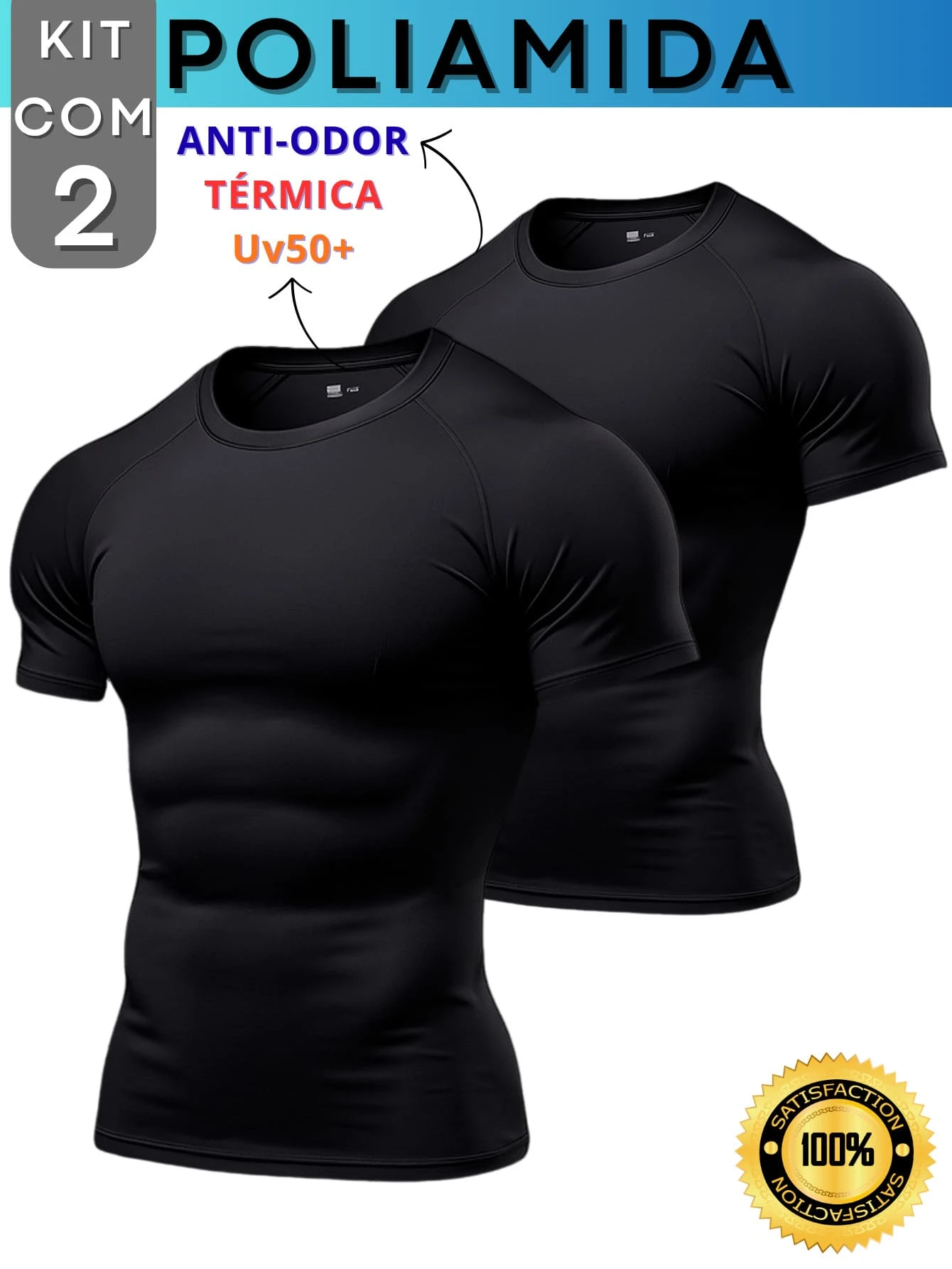 Kit Of 2 Men's Polyamide Compression Short Sleeve Thermal Anti-Odor UV50+ Raglan Shirts For Gym And Training KJG - Hitam dan Hitam - View 1