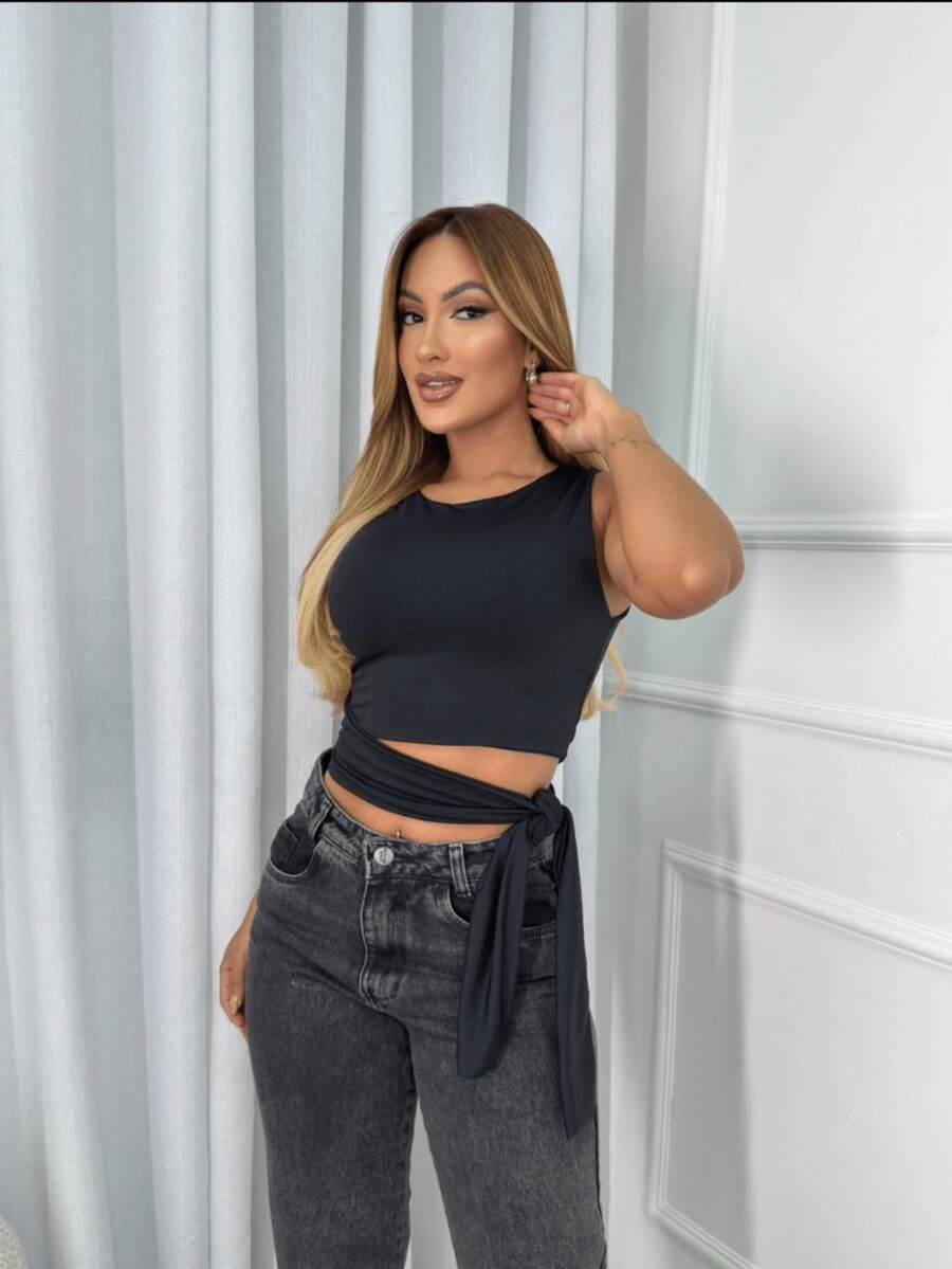 Women's Black Slim Fit Cropped Top Without Padding, With Side Tie, Comfortable Fabric, Casual, Elegant, Blogger Style, Summer - màu đen - Xem 1