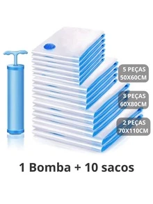 Kit Of 10 Vacuum Storage Bags For Clothes, 3 Sizes: 5 - 50x60cm / 3 - 60x80cm / 2 - 70x110cm For Travel + 1 Manual Pump - 無色 - 查看 9