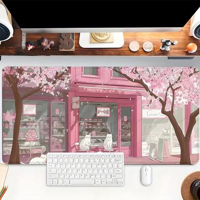 粉色樱花鼠标垫 可爱动漫猫咪桌面垫 加长XL鼠标垫 办公桌配件 - 多色防滑缝边电脑垫 适用于桌面 35.4x15.7 英寸 橡胶底座 笔记本电脑键盘垫 适用于家庭办公室和游戏玩家，耐用防泼溅