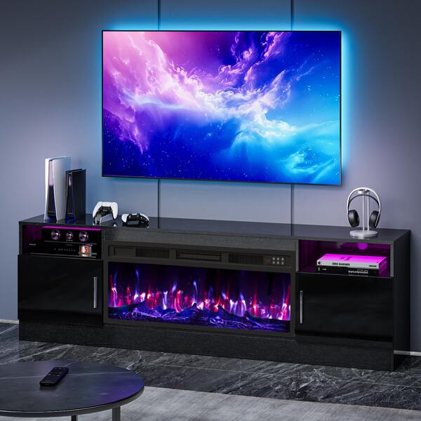 70" Fireplace TV Stand With Two Hinged Doors For TVs UP To 80", Modern Electric Fireplace Entertainment Center & Storage Cabinets, TV Stand For Living Room , Muebles Para Sala With USB LED Stress And Plug,5V