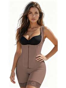 Zip & Hook Closure Body Shaper With Wide Shoulder Straps, Boned Tummy Contouring Mid Thigh Shapewear With Lace Leg Opening - Coffee Brown - View 1