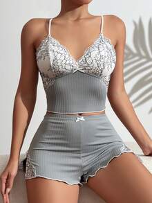 2 件女士性感蕾丝拼接吊带背心和短裤睡衣套装，两件套 - 灰色 - 查看 3
