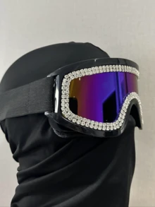 1pc Multi-Color Rhinestone Diamond Decor Multifunctional Protective Goggles, Unique Design Concept And Independent Designer Style, EU Appearance Patent Protection 0150688630006 - Ski Goggles With Double Row Of Diamonds - Black Frame and Black Belt/color Film/diamond Sticker - View 1