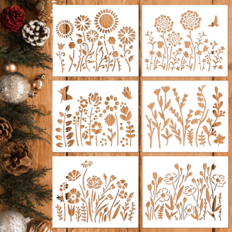 6pcs Wildflower Stencils For DIY Crafts, 6 X 5 Inch Reusable Cherry Blossom Vine Sunflower Template, Plastic Various Spring Floral DIY Drawing Stencil For Painting On Wall Furniture Floors Scrapbook, Fabric Home Decor Art Projects