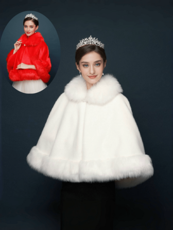 1pc Plus Size Women's White Faux Fur Shawl, Red Bowknot Closure Warm Bridal Shawl, Suitable For Weddings, Parties, Galas, Performances, Elegant Vintage Romantic Luxury Plus Size Shawl Capelet, Strapless Dress Outerwear