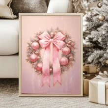 1 pieza, Guirnalda rosa festiva, arte de pared, decoración navideña de pared, arte de pared suave de invierno, póster navideño adorable y femenino, perfecto para Navidad, ideal para decoración de habitación, decoración navideña del hogar, arte de pared, pósteres, arte de pared con marco - Lienzo (marco opcional)