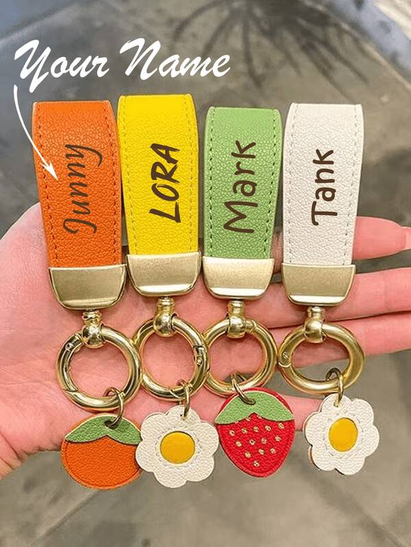 1pc Personalized Leather Keychain, Strawberry Keychain, Custom Name, Cute Christmas Gift