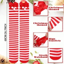 1 Pair Of Classic Red Striped Christmas Socks! With Coordinating Red Bows & White Pom-Poms Perfect For Office Parties & Holiday Gatherings! One Size Fits Most