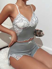 2 件女士性感蕾丝拼接吊带背心和短裤睡衣套装，两件套 - 灰色 - 查看 1