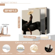 1 pieza Póster de arte moderno de pared, Impresión de arte abstracto moderno en lienzo, Póster de mujer montando, Mujer con gorro de punto montando un caballo negro, Arte elegante, Enmarcado o sin enmarcar, Decoración de habitación, Decoración del hogar, Decoración de dormitorio universitario, Regalos para decoración de paredes en hotel, hogar, regalo ideal de inauguración de la casa, sala de estar, dormitorio, baño y oficina