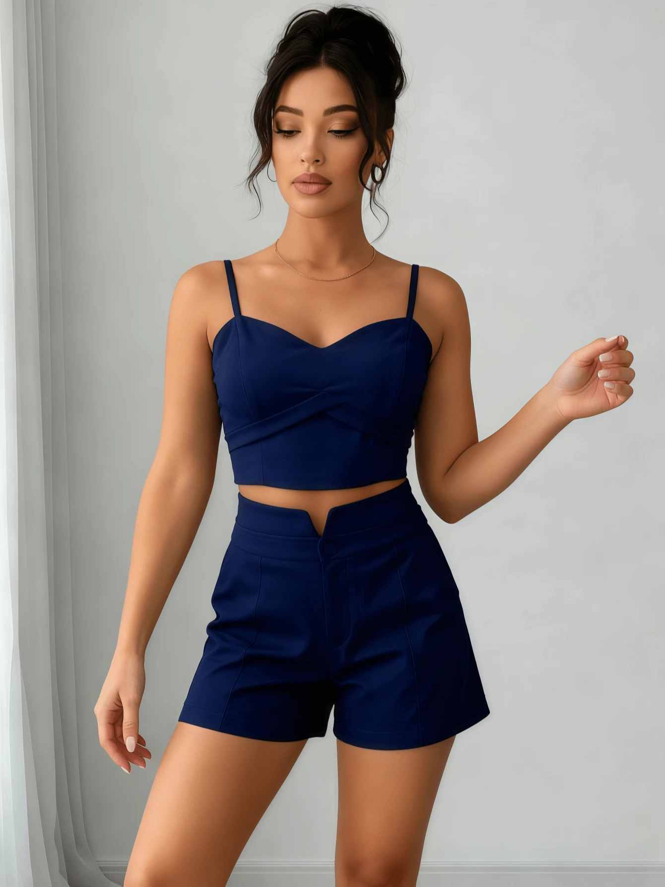 Women's Tailored Cropped Top And Shorts Set With Padded Bra - Sizes S, M, L - Navy Blue - View 1