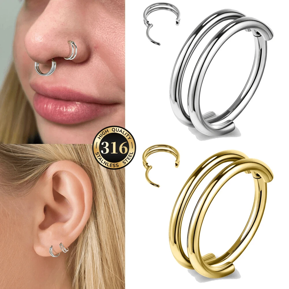 1pc 316L Stainless Steel Round Double Layer Nose Ring, Cartilage Earring, Lip Hinge Body Piercing Jewelry, Unisex, Suitable For Daily, Party, Holiday Wear And Gift - Nose Ring - View 1