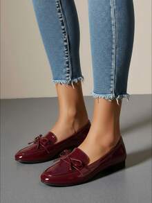 女士蝴蝶结平底鞋，优雅、学院风、休闲、波西米亚风，适合婚礼、办公室、居家、健身房、户外等各种场合，四季皆宜，穆勒鞋款 - 酒紅色 - 查看 2