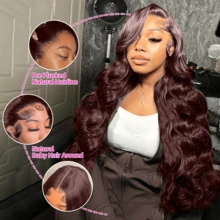 Peruca Frontal de Renda Sem Cola de Cabelo Misturado Humano com Densidade de 200%, Ondas Corporais Marrom Chocolate de 34 Polegadas, Pré-Aparada, Pré-Arrancada, Linha de Cabelo Natural 13x4 HD para Mulheres