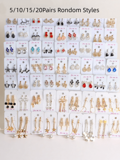 5/10/15/20Pairs Inlaid Rhinestone Pendant Earrings For Girls Fashion And Exquisite Fairy Style Pearl Pendant Star Bow Water Droplet Shape Date Party Gift Jewelry Random Style