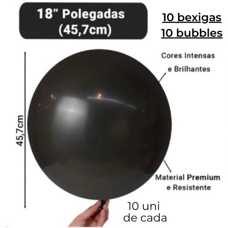 Bubble 18 Inch Kit (10 + 10 Balloons) 18 Inch Latex Party Decoration - Negro - Ver 1