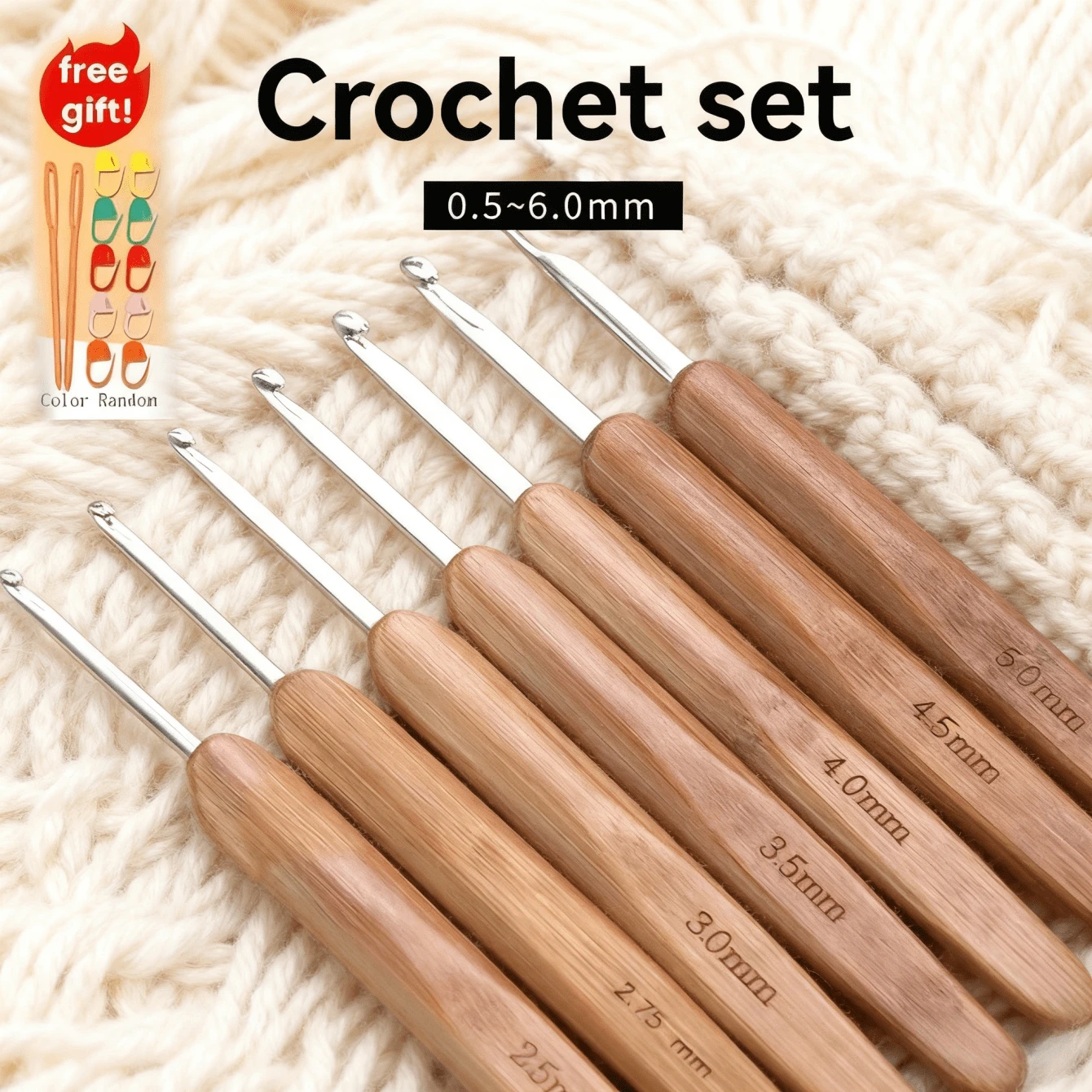 Set de 9 cârlige de croșetat cu mâner din bambus, ace de croșetat cu cap metalic pentru începători, instrumente de tricotat, dimensiuni asortate, ușor de înfilat, netede și antiaderente - Multicolor - Vizualizare 1