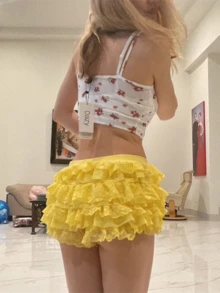 Women Lace Mini Bloomers Skirt Y2k Ruffle Low Waist Layered Lolita Half Slip Skirt Pleated Flowy Short Underskirt - 黃色 - 查看 3