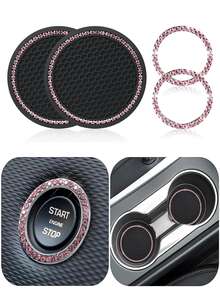 4pcs Car Coasters With Diamond Inlay, Car One Click Start Decorative Ring Set, Car Interior Water Cup Mat - Multicolor - View 2