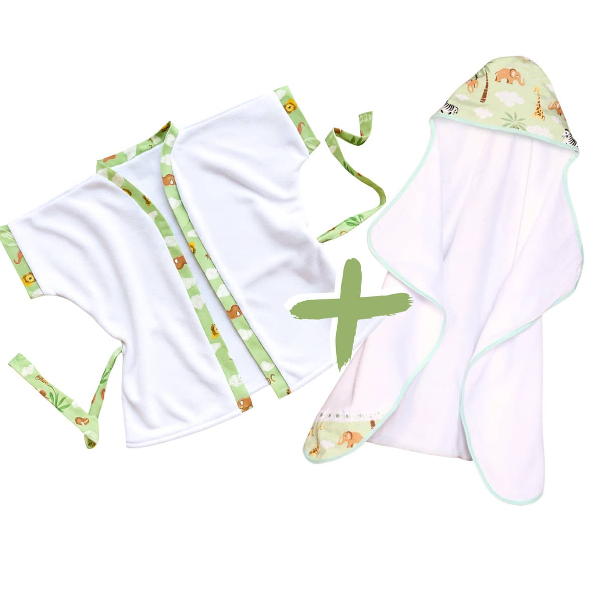 MeF Mae e Filho Double Layer Bath Towel Kit Lined With Diaper + Baby Bathrobe With Printed Headband For All Ages - 綠色野生動物園 - 查看 1