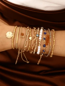25/20/12 Peças Conjunto de Pulseiras Elegantes Vintage Personalizadas com Olho de Demônio, Coração e Corrente de Strass para Mulheres, Adequado para Feriados, Festas, Casual, Viagens, Looks Diários, Novos Lançamentos de Outono/Inverno - Ouro amarelo - Visão 5